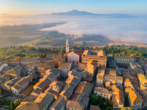 Pienza from drone with fog, Val d'Orcia Tuscany
