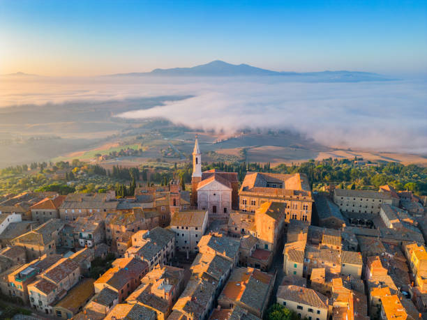 istock Pienza from drone with fog, Val d'Orcia Tuscany 1739696399