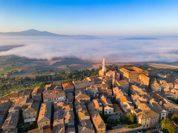 istock Pienza from drone with fog, Val d'Orcia Tuscany 1739696404