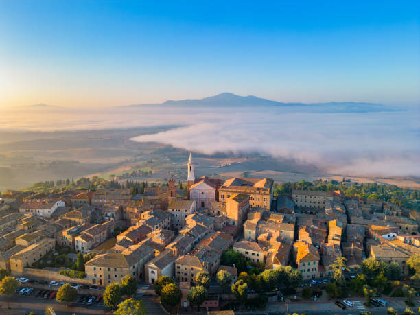 istock Pienza from drone with fog, Val d'Orcia Tuscany 1739696417