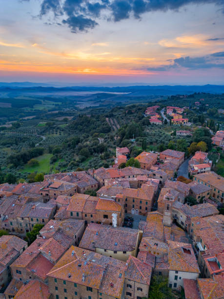 istock Castelmuzio at dusk, Tuscan town from drone 1739696426