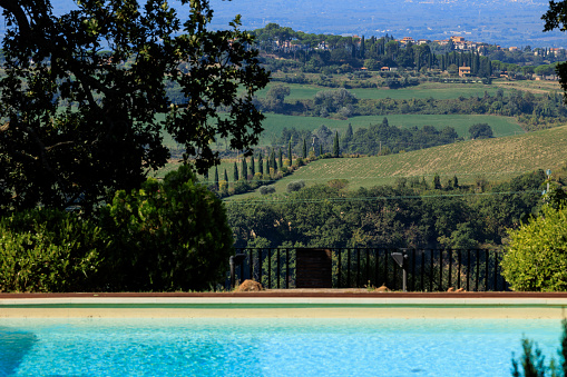 Outdoor patio garden pool and Umbria landscape in the background