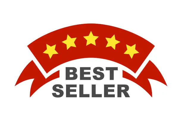 Vector illustration of Best seller award emblem. Ribbon with five stars and the inscription BEST SELLER - vector icon on white background