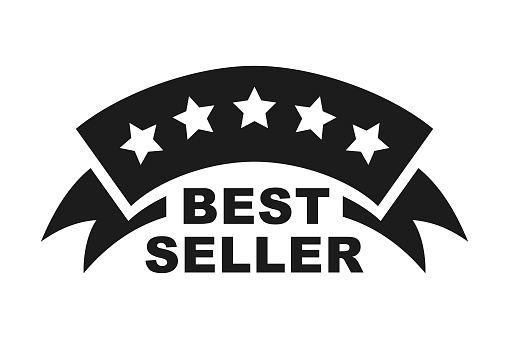 Stylized monochrome awarding badge in the form of a ribbon with five stars on it and BEST SELLER lettering - cut out vector icon