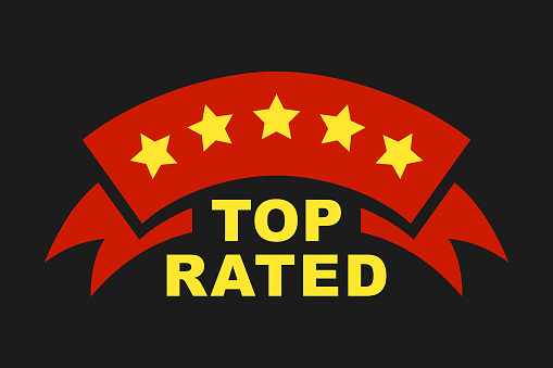 Stylized red top rated award ribbon with five yellow stars and TOP RATED inscription - vector icon for black/dark background