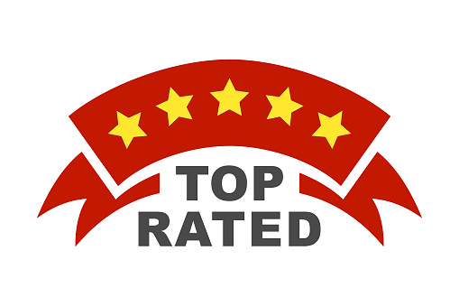 Stylized red top rated award ribbon with five yellow stars and dark gray inscription TOP RATED - vector icon for white background