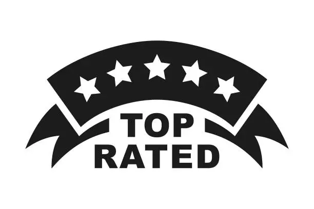 Vector illustration of Top Rated Award Emblem. Ribbon with five stars and TOP RATED lettering - monochrome cut out vector icon