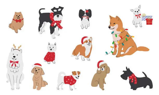 Vector illustration of Collection of christmas dogs in hand drawn style. Collection of dog characters, flat illustration for design, decor, print, stickers, posters. Merry Christmas illustrations of cute pets with accessories