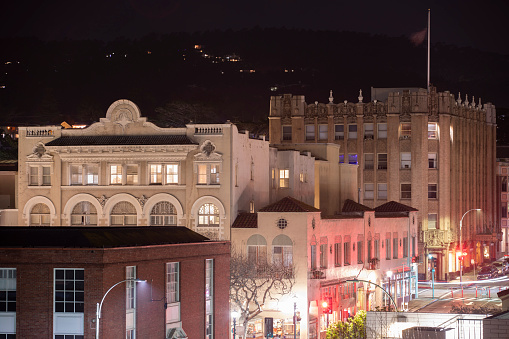 Night time view of the historic downtown skyline of  Monterey, California, USA.