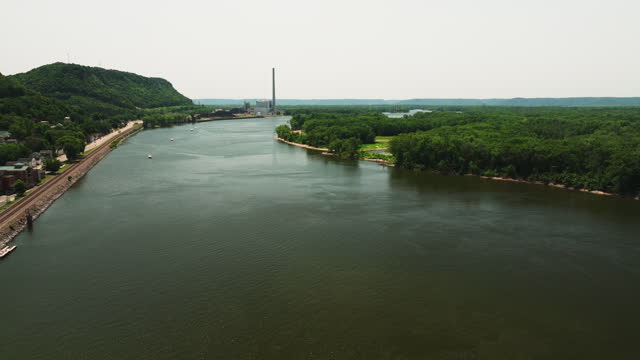 Upper Mississippi River Calm Waters Seen From Lock and Dam No. 4 In Alma, Wisconsin, United States. - aerial