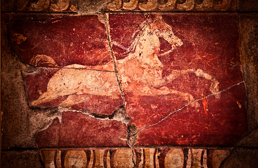 painted classic greek art - horse stallion decoration, Delos island - Greece