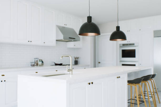istock Large white kitchen with appliances and island accent. Kitchen with household appliances and utensils. 3D rendering 1739824942