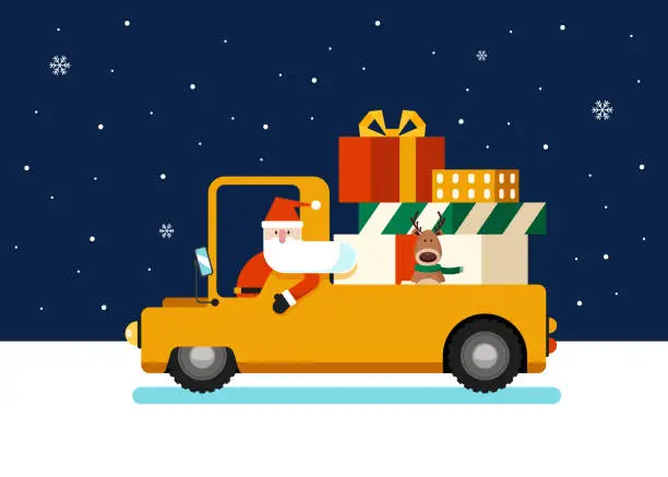 Vector illustration of Merry Christmas traditional festival background decorative with Santa Claus and gift box in car