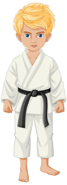 ilustrações, clipart, desenhos animados e ícones de menino loiro em traje de judô - martial arts child judo computer graphic