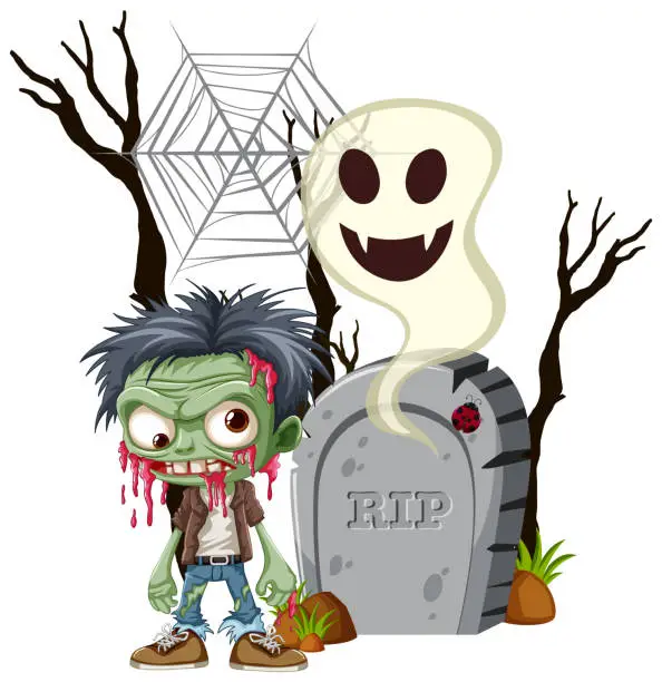 Vector illustration of Zombie Cartoon Character: Halloween Theme with Tombstone and Ghost