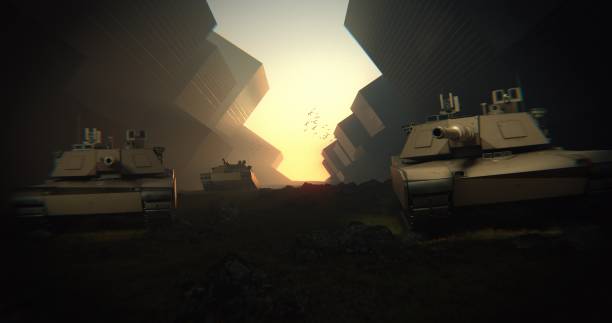 istock a squad of armored tanks, among abstract buildings, 3d render 1739863570
