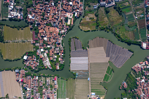 Vertical aerial view of rivers, rural areas, and farmland