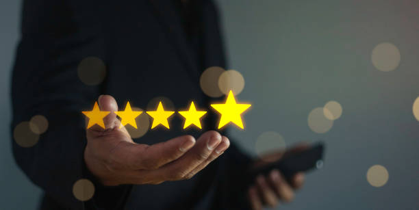 istock Business people touching on virtual screen on five star, customer service and satisfaction concept. Experience and feedback of customers. Rating very impressed. 1739880796