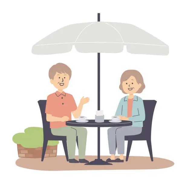 Vector illustration of Clip art of a senior couple having tea on a cafe terrace