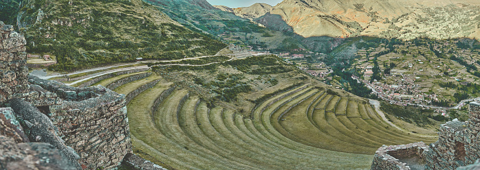 A panoramic view from Pisac Archaeological Complex which was built by Incas in Sacred Valley of Peru.