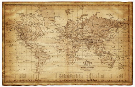 map of the world 1867 - showing the continents, islands, plains, lands and mountain range