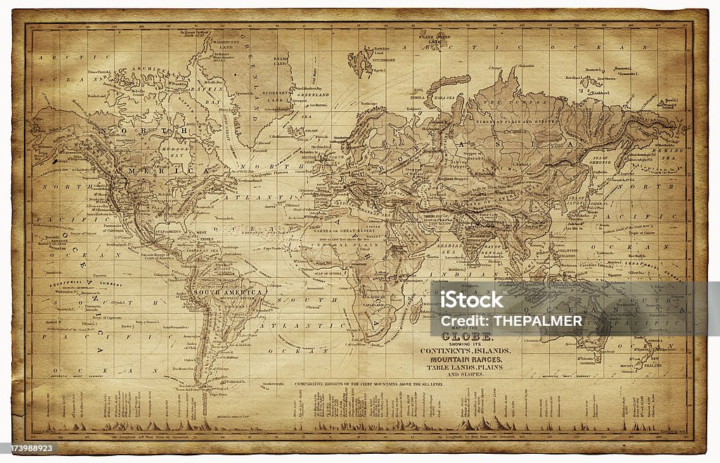 map of the world 1867 map of the world 1867 - showing the continents, islands, plains, lands and mountain range Old stock illustration