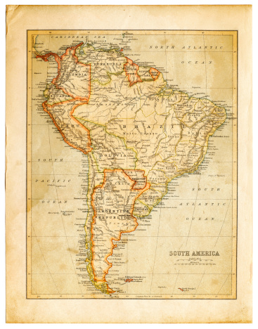 an old south american map - layered with a vintage stained piece of paper