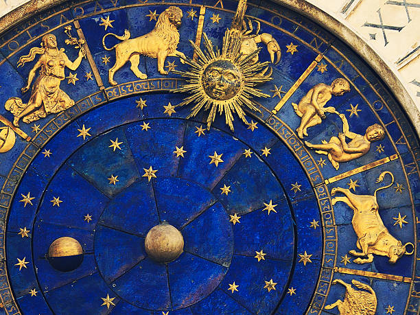 venetian clock top rigth part face of the famous venetian clock -  Torre dell'Orologio on St Mark's Square (Piazza San Marco), showing the some signs of the zodiac (virgo, leo, cancer, gemini, taurus) constellation photos stock pictures, royalty-free photos & images