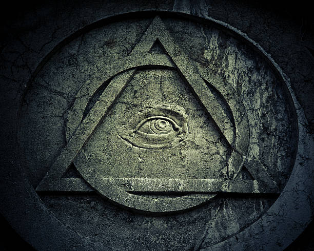 Mystic Eye symbol with interlocking circle and triangle and open eye inside an interlocking triangle and circle carved in stone over the gate of church of Santa Maria Maddalena in Cannaregio, Venice. masonic symbol stock pictures, royalty-free photos & images