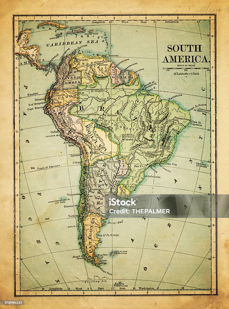 Stara Mapa Ameryki Południowej - Zbiór zdjęć royalty-free (Mapa)