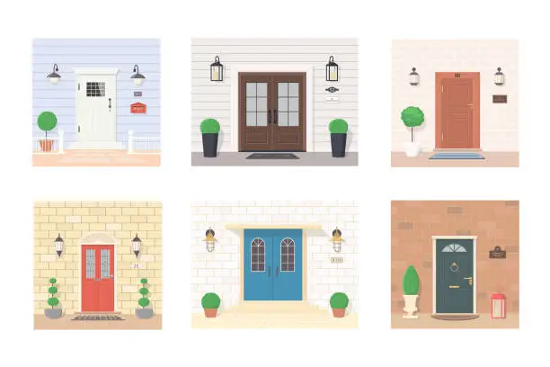 Vector illustration of Collection of entrance doors with lanterns, plants, signs. Exterior concept for house entrances