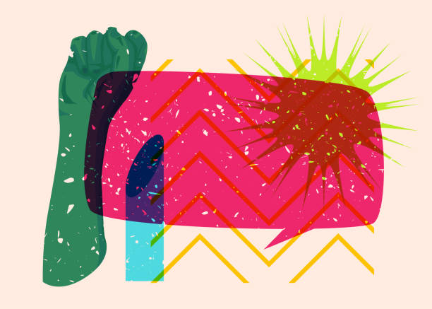 istock Risograph clenched, raised fists with speech bubble and geometric shapes, trendy riso graph design. 1739916528