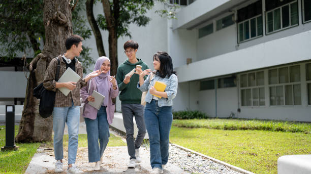 istock A group of cheerful, diverse Asian students are enjoying talking while walking down the footpath. 1739942125