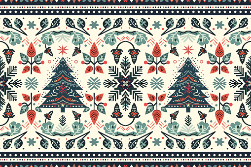 Merry Christmas vintage ethnic seamless pattern decorated with green tree and flowers. design for background, wallpaper, fabric, carpet, web banner, wrapping paper. embroidery style. vector.