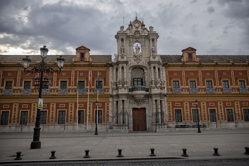 Street view of Palace of Saint Telmo, Seville, Spain