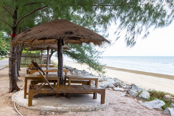 istock empty chairs and wooden umbrellas on a sandy beach 1739967788