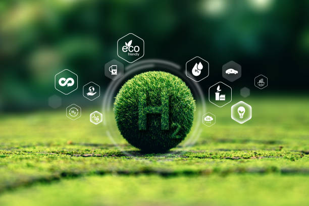 istock Crystal globe putting on moss with H2 icon for sustainable environment. 1740004144