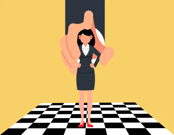 Vector illustration of Domination or manipulate by control puppet doll, marionette or exploitation. Female employees controlled by business enterprises.