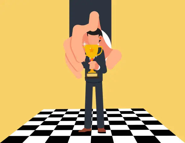 Vector illustration of Domination or manipulate by control puppet doll, marionette or exploitation. Male employees controlled by business enterprises.