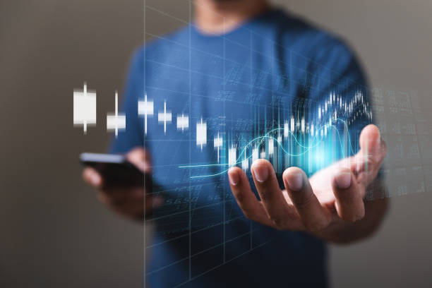 istock Trading bar graph on hand businessman, stock exchange marketing analyzing chart. information statistics diagram profit. investment and marketing concept. 1740016394