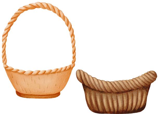 istock Set of empty wicker basket for picking mushrooms, berries, fruits or vegetables. Isolated watercolor illustration is useful for Child illustration, textbook, guide, school book, workbook, notebook, 1740026391