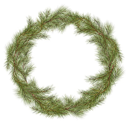 Christmas wreath lush evergreen boughs. Circular frame for text. The enduring greenery sets a festive mood. Template for Christmas New Year birthdays or weddings. Watercolor digital illustration.