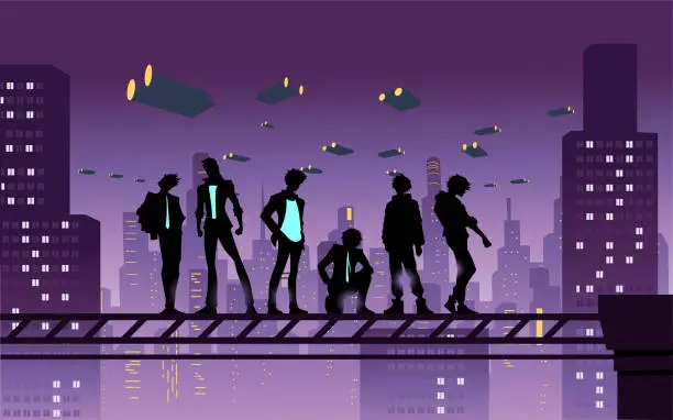 Vector illustration of Vector Anime Boys Silhouette in a Cyberpunk City Stock Illustration