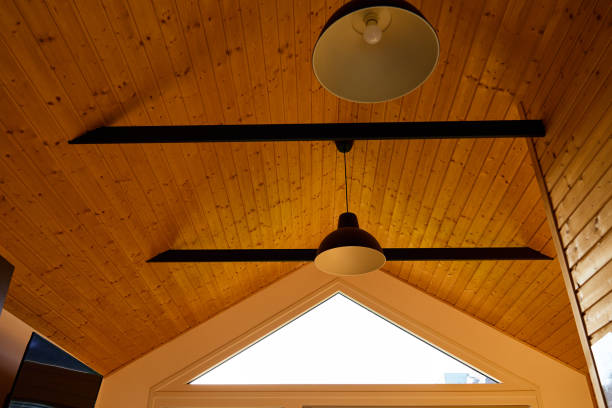 istock Ceiling in wooden house with lamps 1740062565