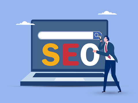 SEO Search Engine Optimization, website search result, advertising or marketing to boost web ranking or user discovery concept, businessman hold magnifying glass on SEO rising arrow search box.