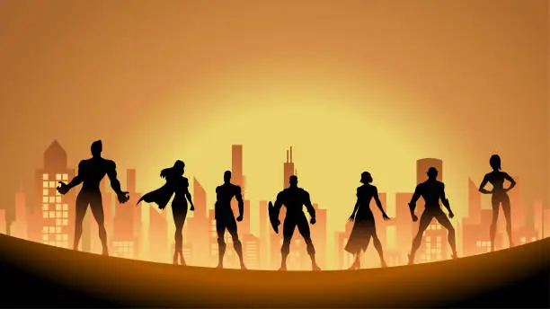 Vector illustration of Vector Superhero Team Silhouette in a City Stock Illustration