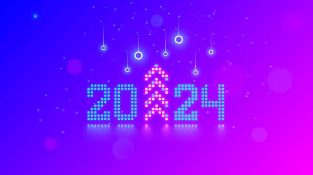 Vector illustration of New Year digits 2024 and Christmas tree in tech style. 20 24 consist of neon dots or pixels on blue pink background. 2024 New Year card digital technology. Banner with digits 2024 on computer screen.