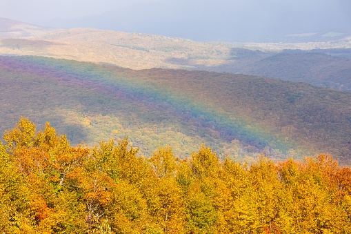 Stunning fall colors and rainbow in the high mountains of Hachimantai, Iwate Prefecture.