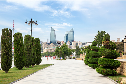 Picturesque view of the Flame Towers and central embankment of the capital Baku. Azerbaijan