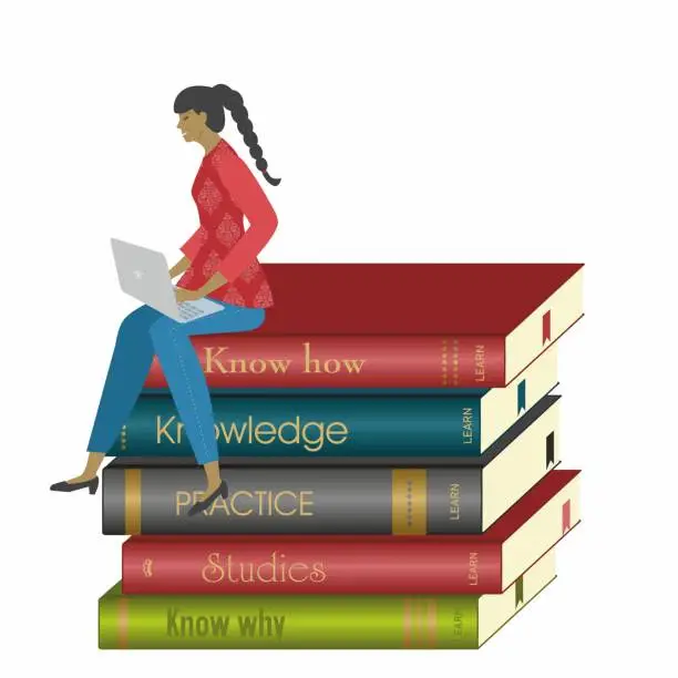 Vector illustration of Woman with laptop sitting on pile of books. Isolated. Vector illustration.